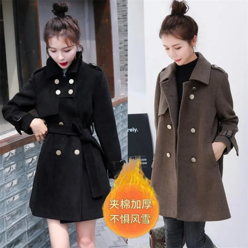 

Winter Women's Add cotton Lining Woolen Coat New Mid-length Female Waist Cinched Hepburn Wool Coats Fashion Ladies Wool vercoat