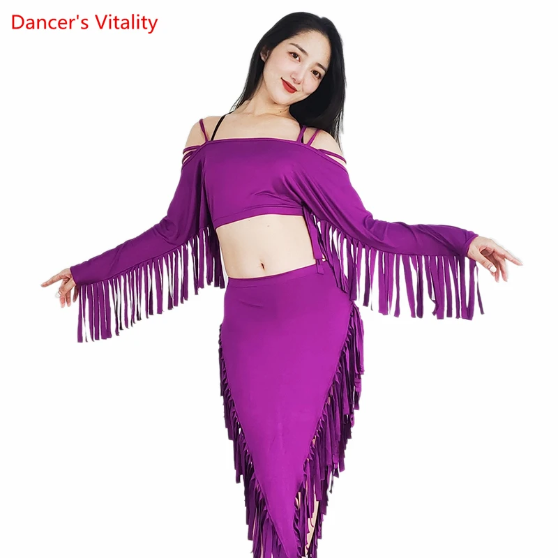 

Belly Dance Training Suit New Winter Long Sleeves Top+tassel Skirt Modal Dynamic Suit for Women Bellydance Practice Outfit