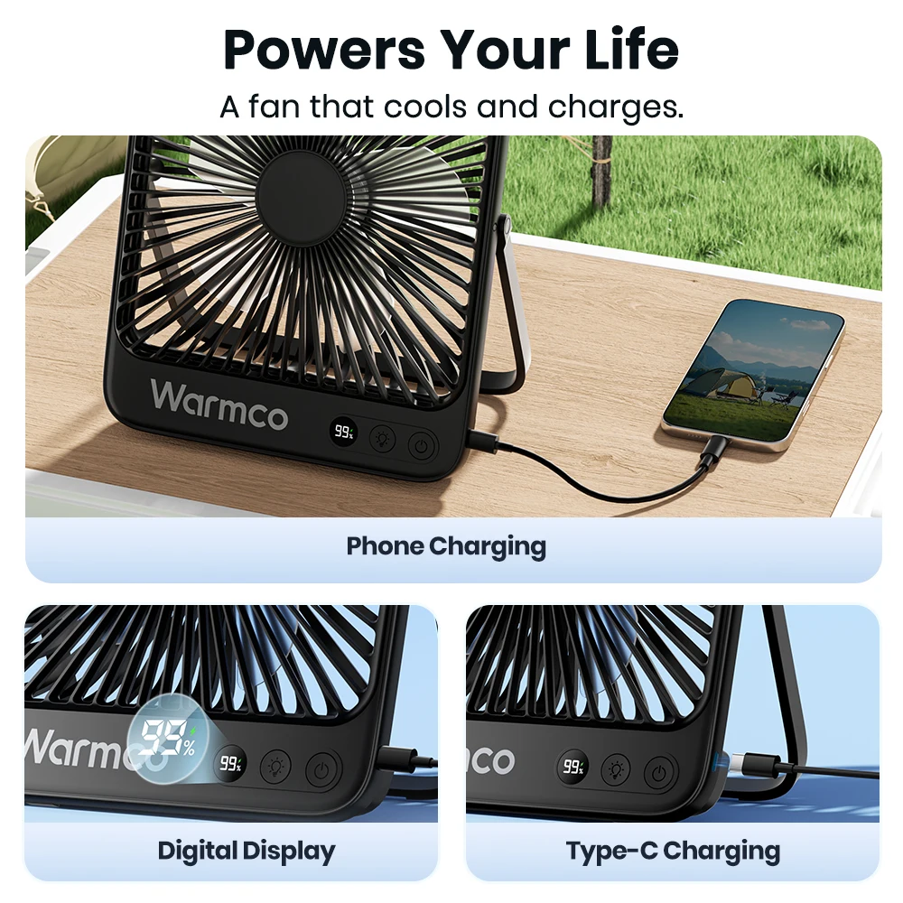Warmco D4 Portable Desk Fan Rechargeable 20000mAh Camping Fan with Light,48Hrs Run Time 8" Silent Personal Fan Digital Display image 4