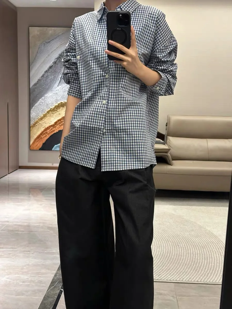 Мужская осенняя универсальная верхняя одежда в клетку в стиле ретро, сине-белую клетку Long Sve, хлопковая повседневная одежда на пуговицах