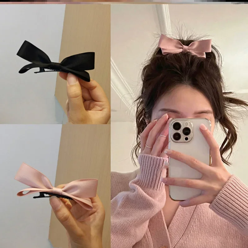 Korean Cute Pink Ribbon Bow Hairpin for Women Girls Vintage Bowknot Side Hairpin Head Top Clip Headdress Hair Accessories