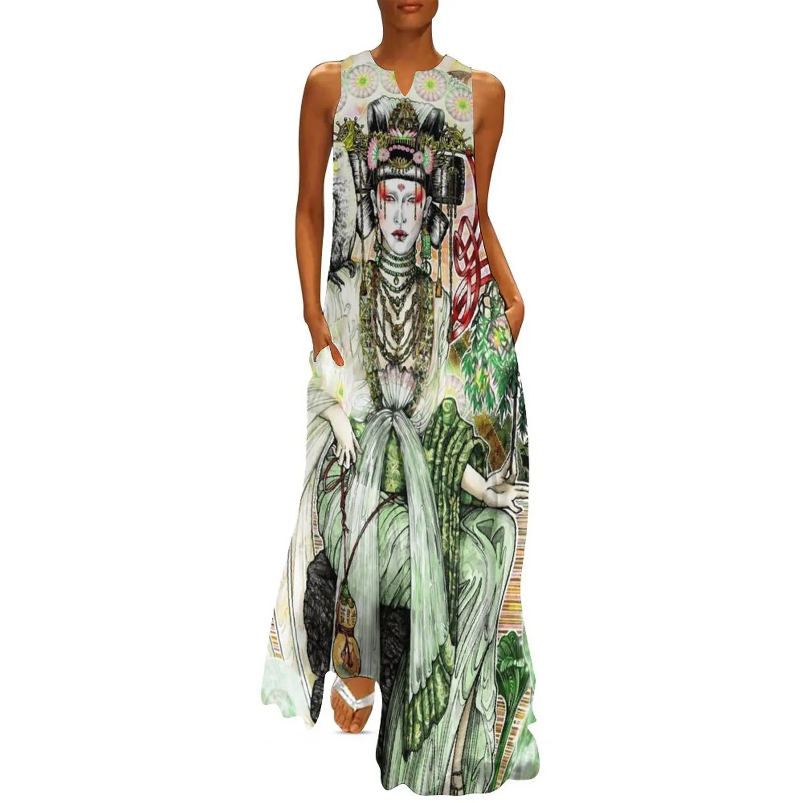 Quan (Kwan) Yin 'The Green Tara' Buddhist Goddess of Mercy Full Colour Illustration Long Dress elegant dress