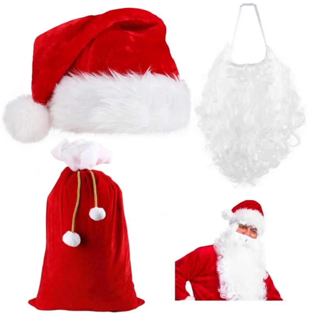 Weihnachtsmann-Kostüm, Bart/Hut/Tasche, Weihnachten, Weihnachtsmann, Weihnachten, roter Hut, Weihnachtsmann, weißer Bart, Set für Männer und Frauen, Kleid-Requisiten, 2026 Neujahr