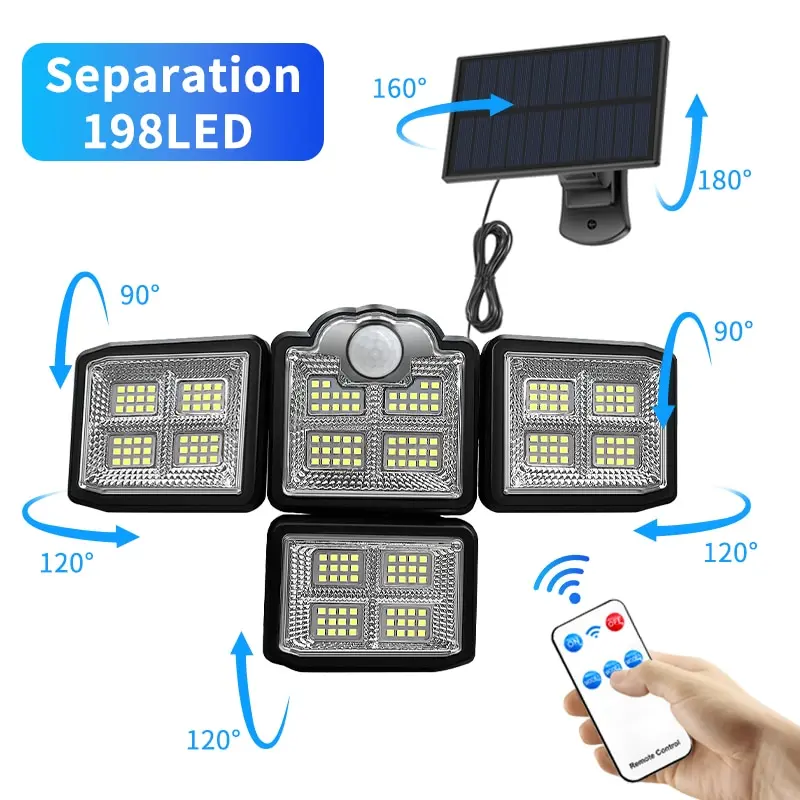 Super Bright Outdoor Solar Lights 198 LED Motion Sensor Garden Yard Wall Lamp Remote Control Waterproof Garage Lamp Adjustable