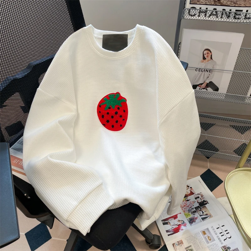 

Korean Style White Waffle Pullovers Spring Autumn Strawberry Embroidery Casual Tops O-Neck Drop Long Sleeve Loose Sweatshirts