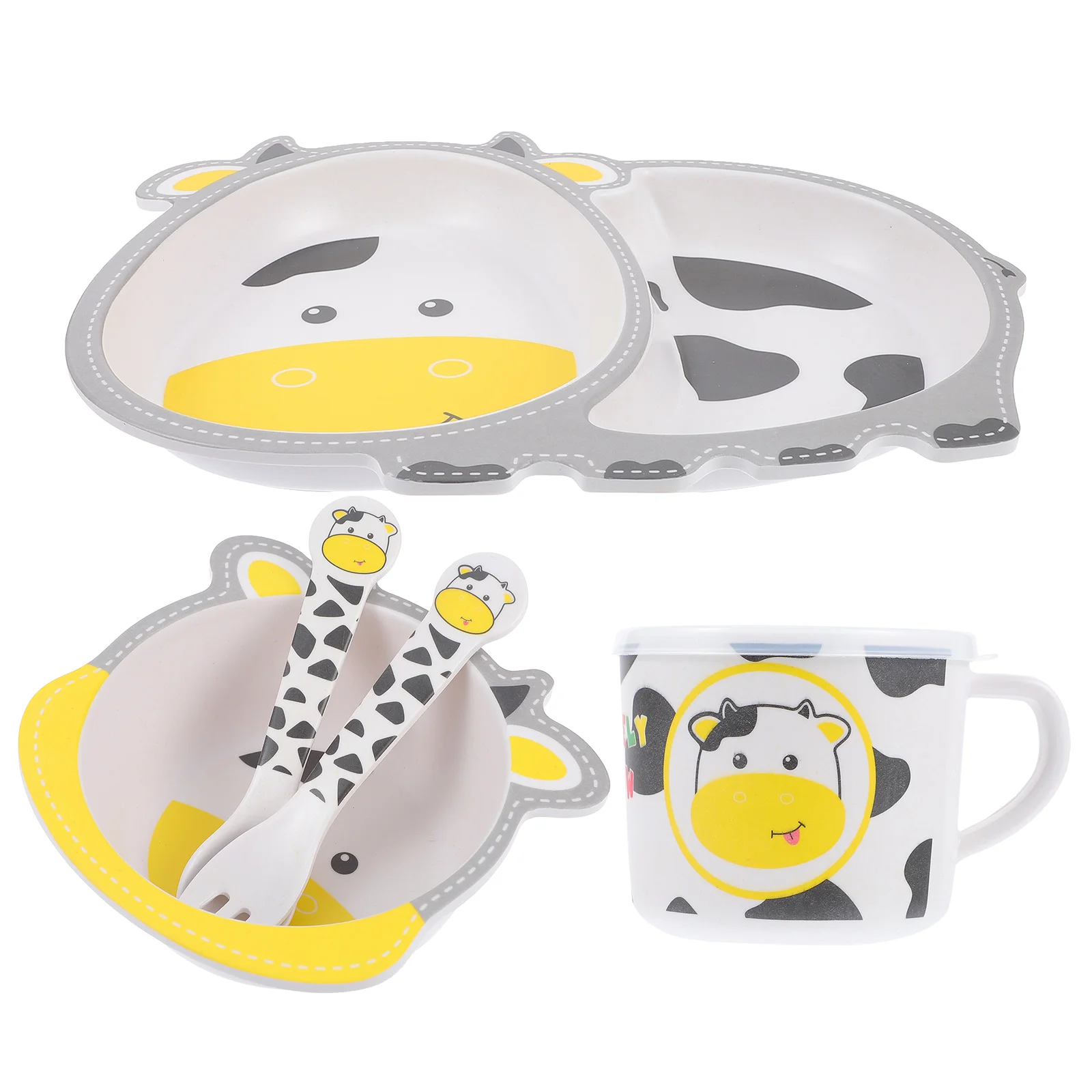 

5Pcs Kids Tableware Set Bamboo Fiber Food Plate Children Dish Separated Compartment Toddler Utensils Bowl Cup Spoon Fork Baby