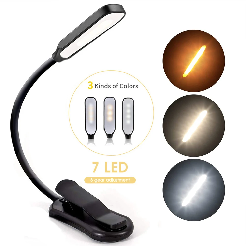 

Book Light Mini 7 LED Reading Light Rechargeable 3-Level Warm Cool White Flexible Easy Clip Lamp Read Night Reading Lamp in Bed