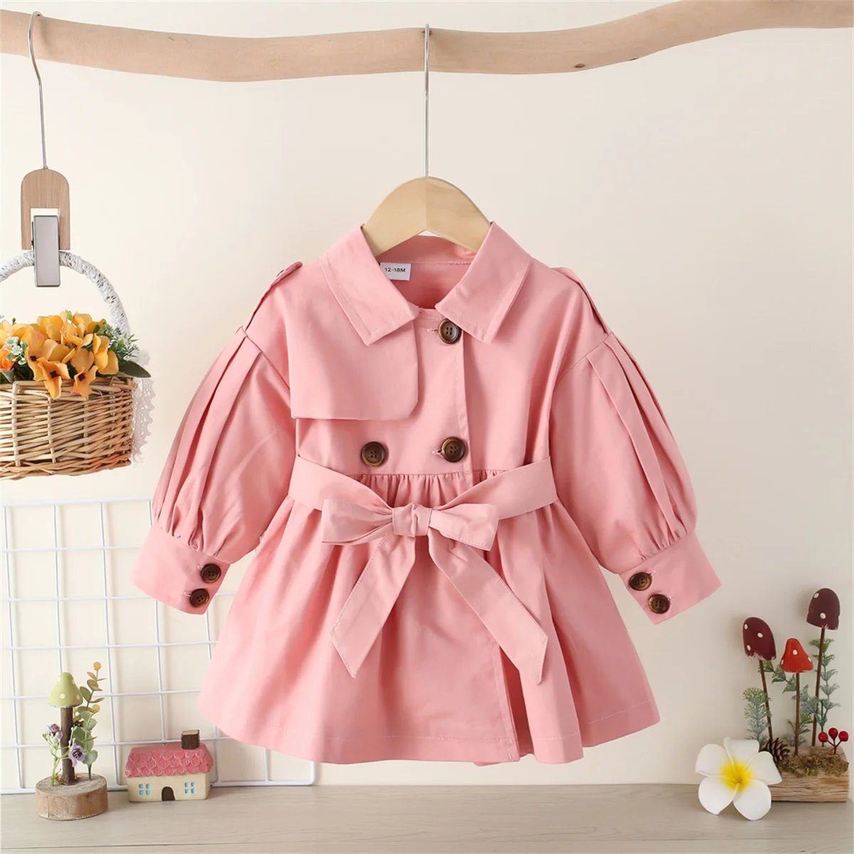 Girls 0-3 years Spring And Autumn Girls\' Windbreaker Solid Color Double Breasted Belt Lapel Simple Fashion Versatile Casual Coat