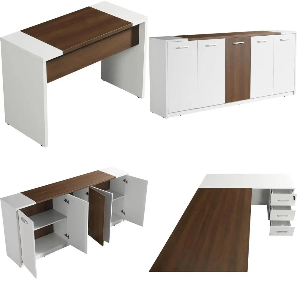 

Комплект офисной мебели из 87 предметов: 3-секционный L-образный стол с ящиками, журнальный столик и шкаф для хранения с хромированными ручками для дома/офиса