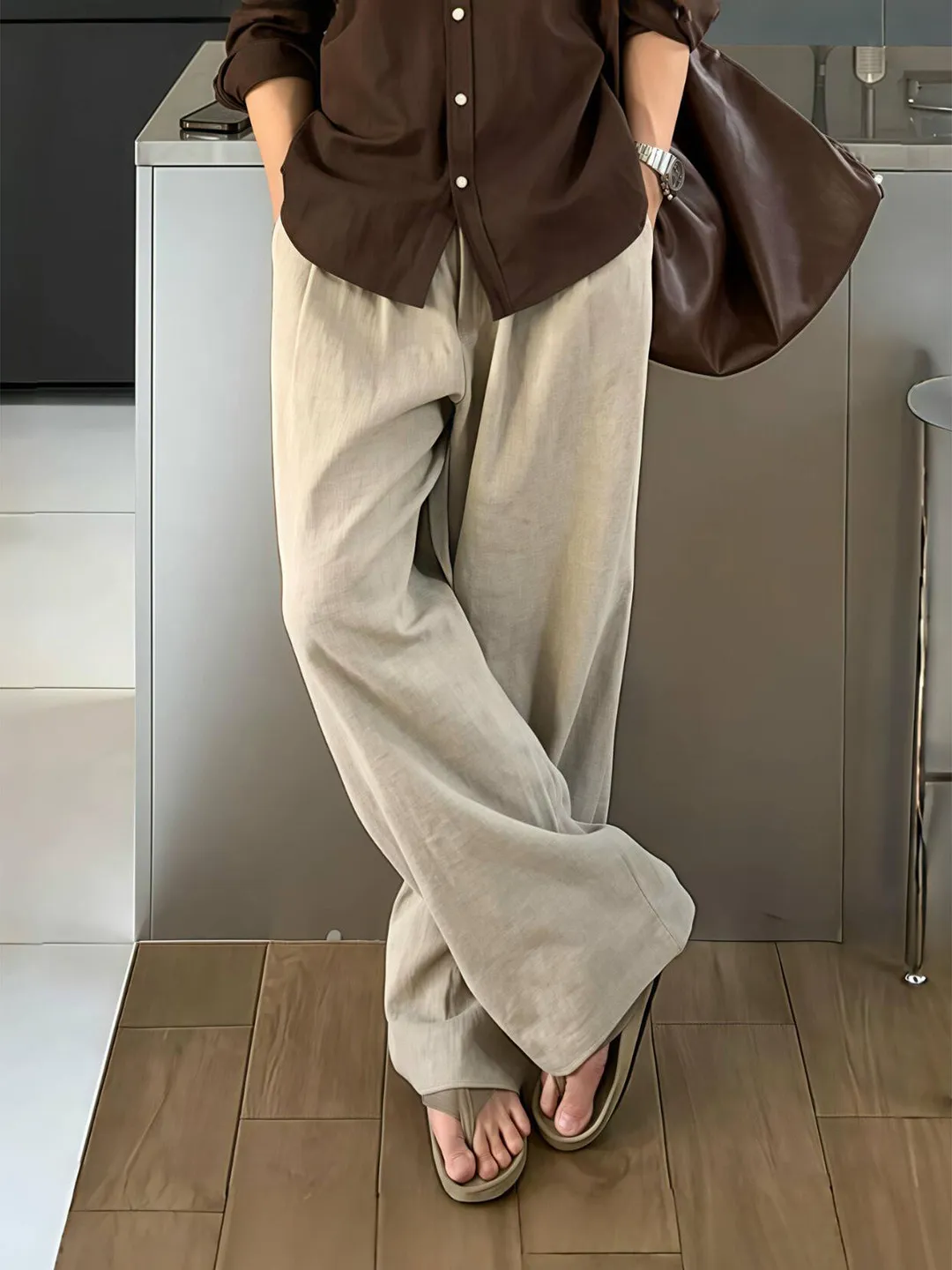 Lightweight Casual Cotton Linen Men's Summer Straight Leg Elastic Waist Pants Breathable Wide Leg Youth Fashion Straight Cut