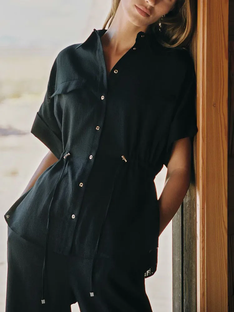 Nuovo 2025 Estate Donna Faionable Fibra mista Sciolto Lungo Colletto Sve irt Bottone singolo Versatile Pendolarismo Sle Premiu...