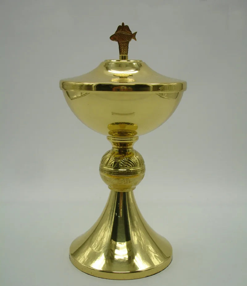 Catholic Etched Ciborium with Cover Loaves and Fish Cover Brass, High Polished Christian Church Supplies