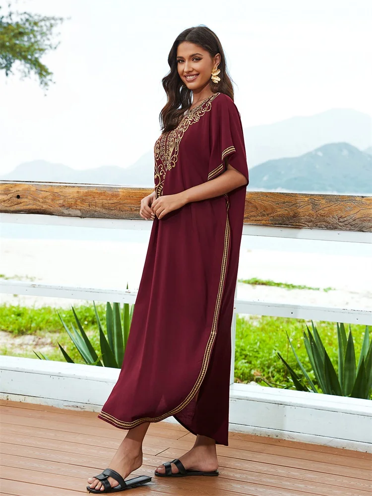 2024 letni czerwony haftowany czeski dekolt z dekoltem w serek Kaftan luźny wakacyjny strój kąpielowy zakrywany w stylu casual plażowa sukienka Maxi