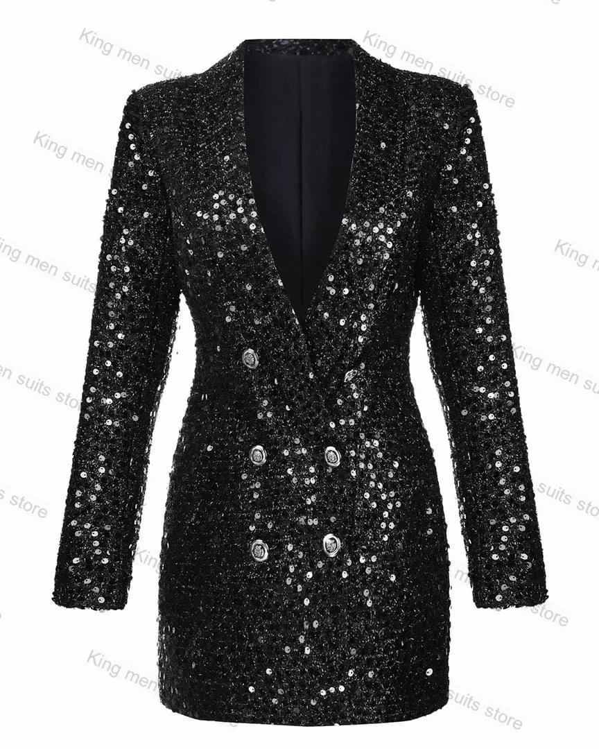 Black Sequin Women Suits Wedding 1 Piece Long  Jacket Blazer Bling Bling Formal Tuxedo Prom Dress Custom Size Luxury Coat