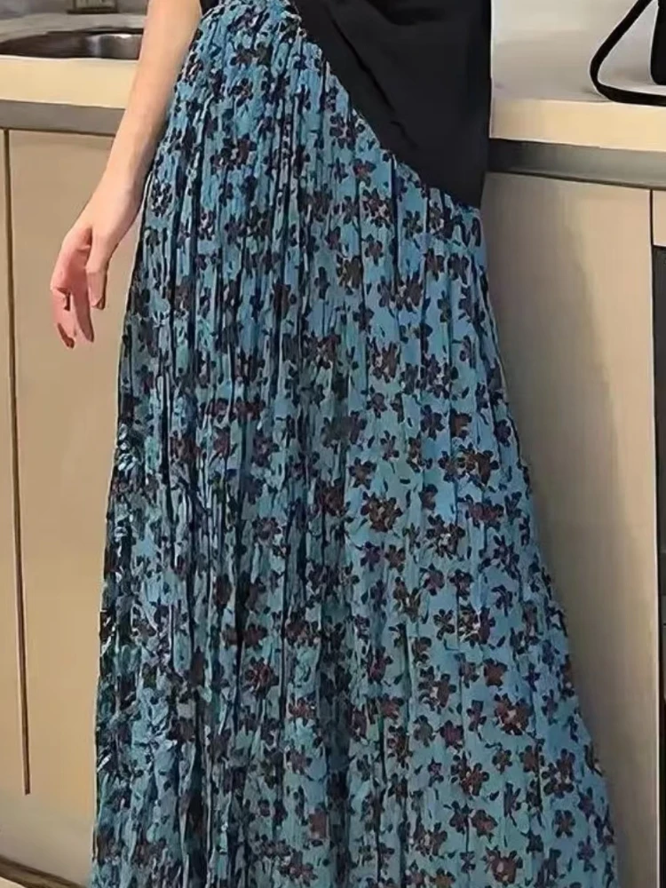 2026 Sommer High-Waist knöchellange Röcke Retro Elastische Taille Bedruckte Falten Plissierter lockerer A-Linien-Rock mit Futter Y2K Streetwear