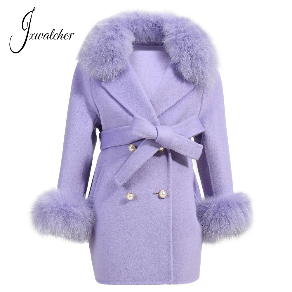 Winter Kids Girls Cashmere Coat Real Fox Fur Collar Cuffs Autumn Warm Wool Coat Overcoat Cute Bow Child Wool Jacket Clothes