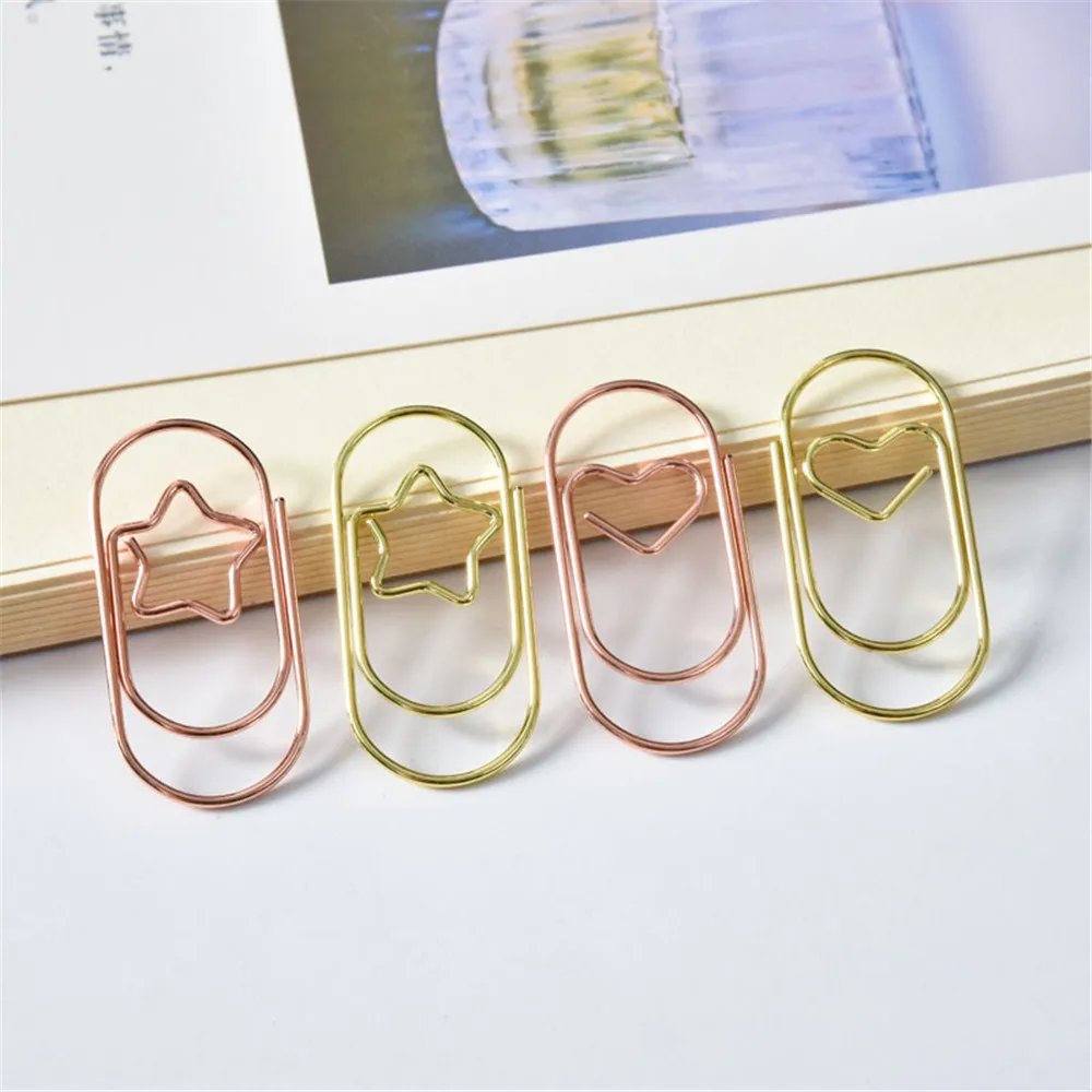 20Pcs/Bag Cute 12*18*38mm Heart Gold Rose Color Clip Bookmark Metal Office Accessories Paper Clips Patchwork Clip Stationery