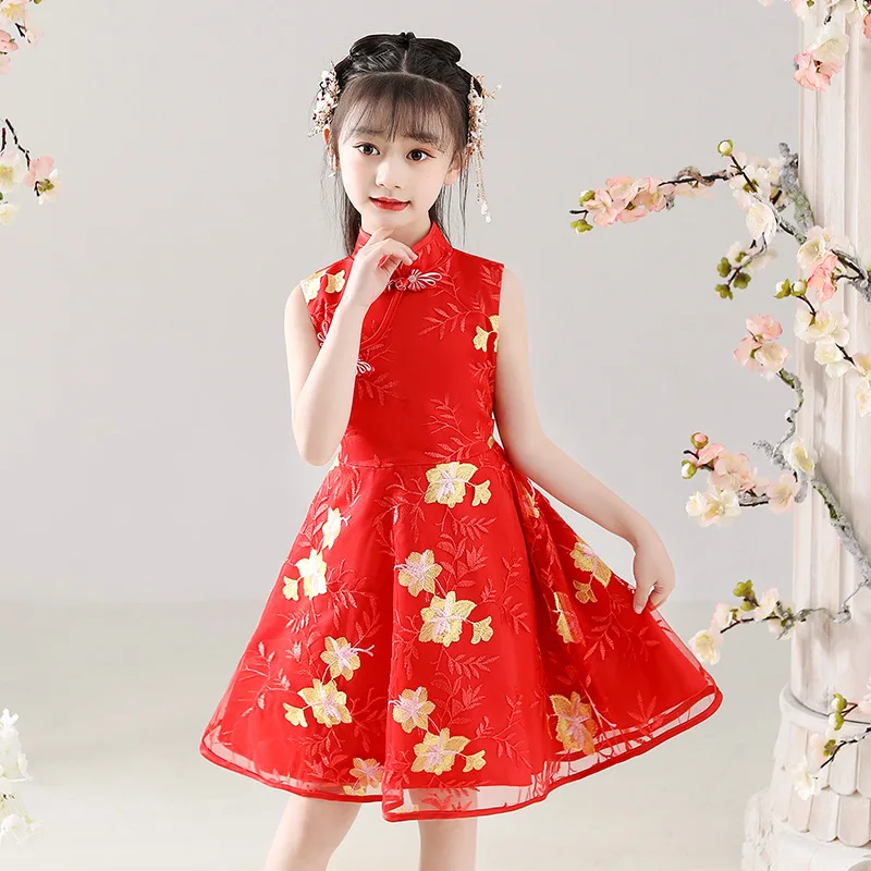 

Chinese Traditional Dress Midi Party Dresses Cheongsam Qipao for Girls Party Costumes New Year Clothes Princess Kids 3-12Years