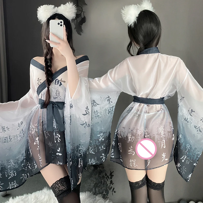 Camisón Sexy de gasa con pintura de tinta china para mujer, uniforme Hanfu antiguo, pijama ultrafino, Kimono erótico transparente, albornoz
