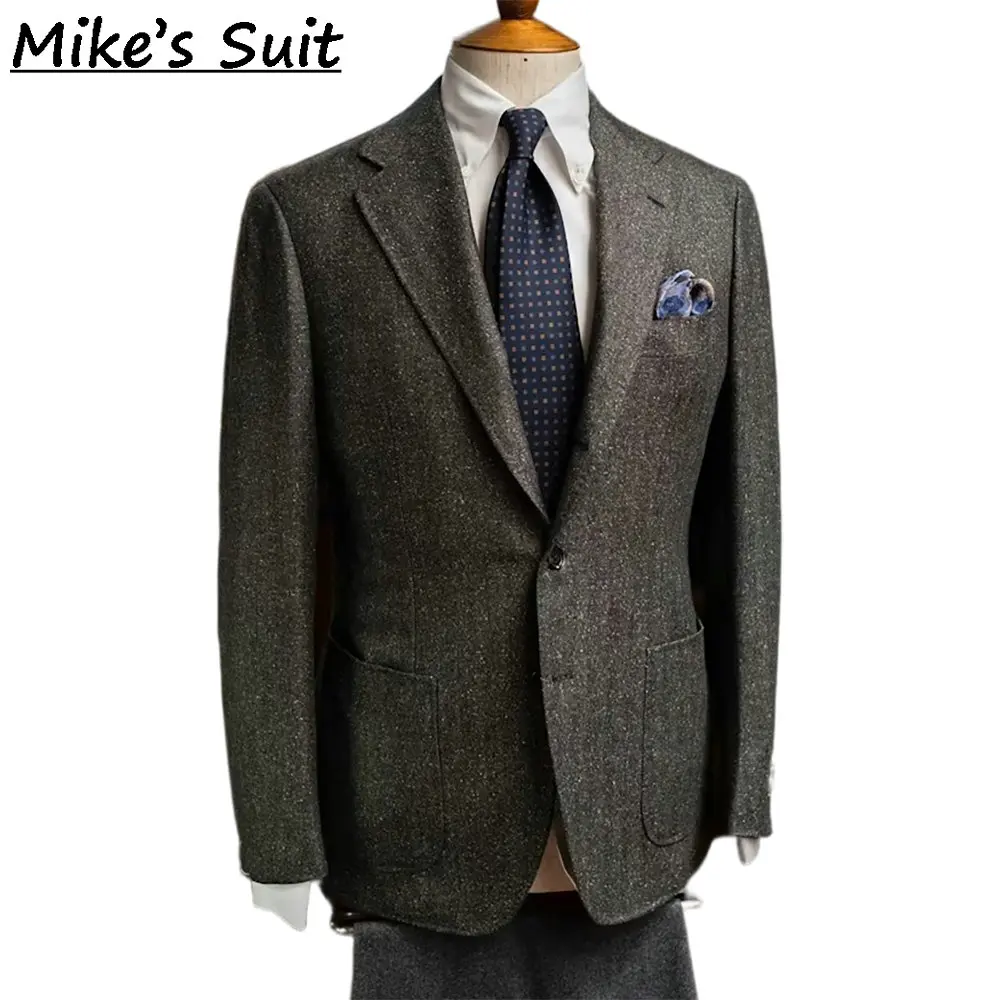 Men Two Buttons Notch Lapel Sports Suit, Dark Grey Multi Fleck Speckled Wool Tweed Fabric, Country Wedding Relax Fit Suits