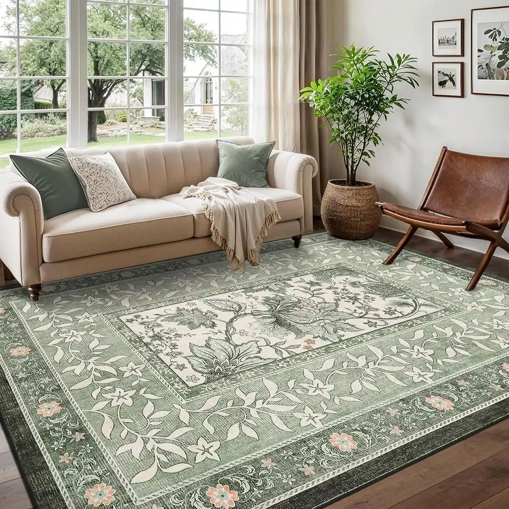 

5x7 Sage Green Vintage Cottagecore Rug, Botanical Grove Design, Non-Slip, Washable for Living Spaces