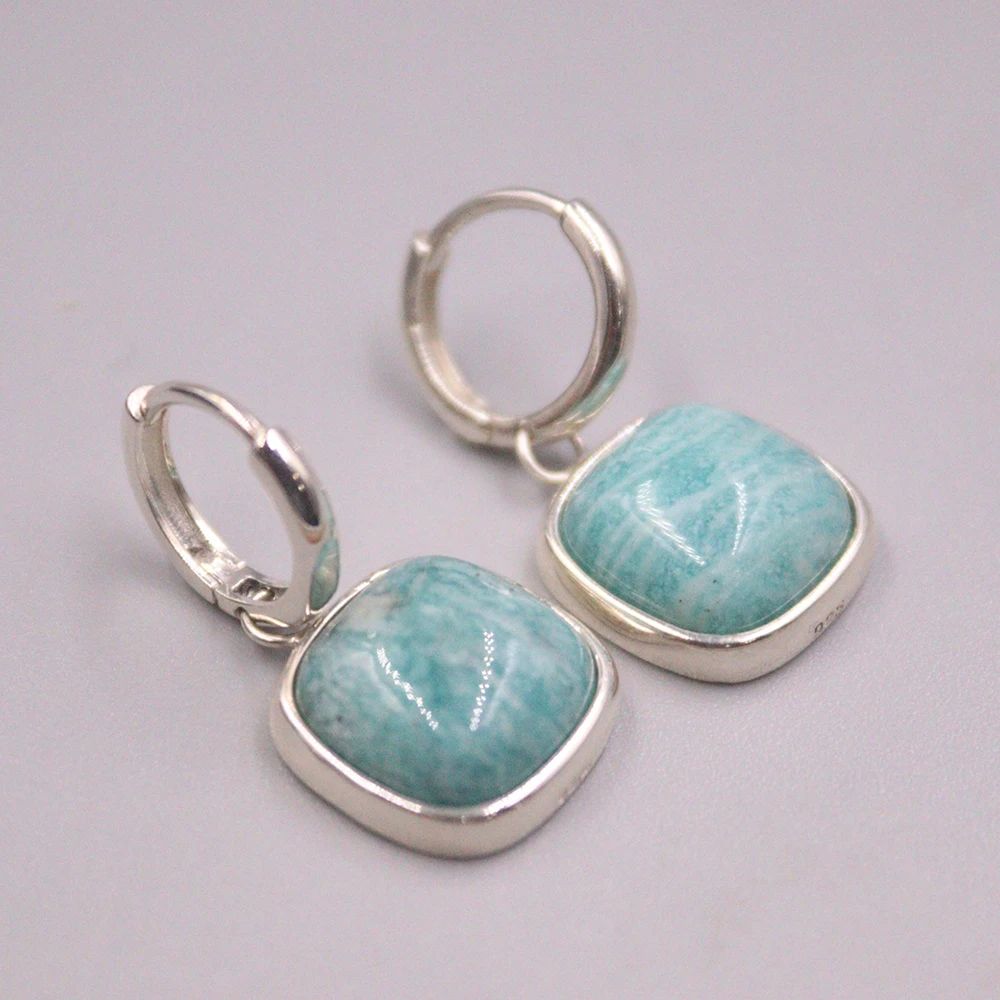 Pure S925 Sterling Silver Earrings  Blue Amazonite Women 28*14*12.5mm Square Hoop Earrings