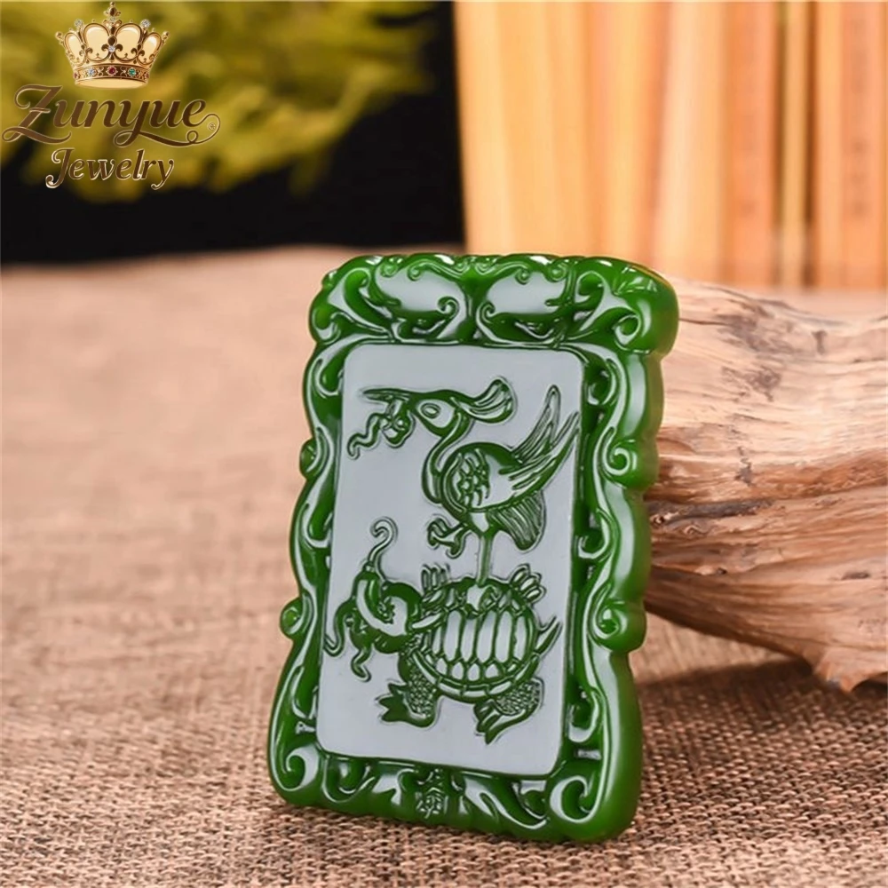 

Natural Hetian Jade Spinach Green Dragon And Phoenix Immortal Crane Spirit Turtle Pendant Luxury Quality Fashion Jewelry Charms