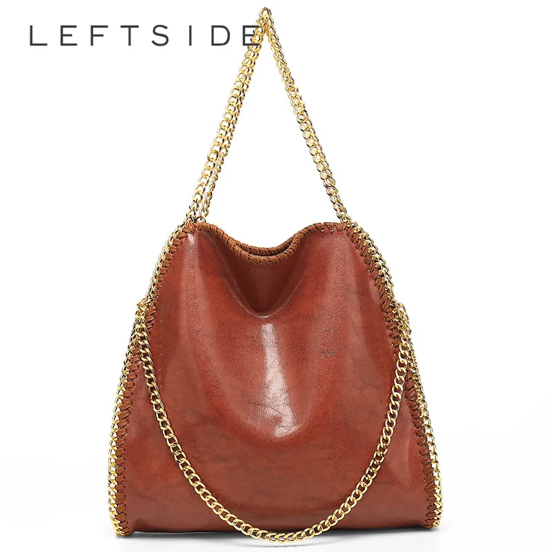 

LEFTSIDE Big Chain PU Leather Shoulder Bag Handbags and Purses Women 2024 Y2K Simple Solid Color Korean Fashion Design Tote Bag