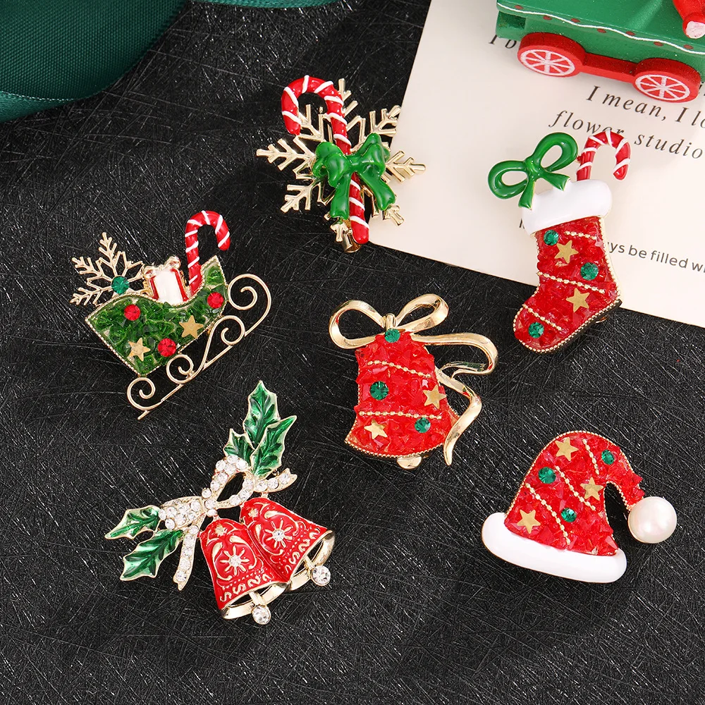 2Pcs Set Christmas Snowflake Alloy Lapel Pin Rhinestone Santa Hat Bell Brooch Unisex Holiday Jewelry Xmas Party Accessory Gift