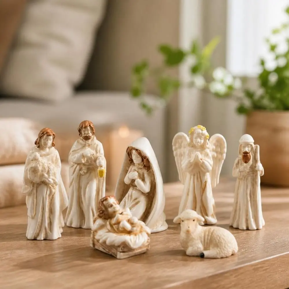 7Pcs Miniature Nativity Scene Figurine Set Resin Craft Small Figurine Jesus Virgin Mary Figurine Desktop Scene Collectible