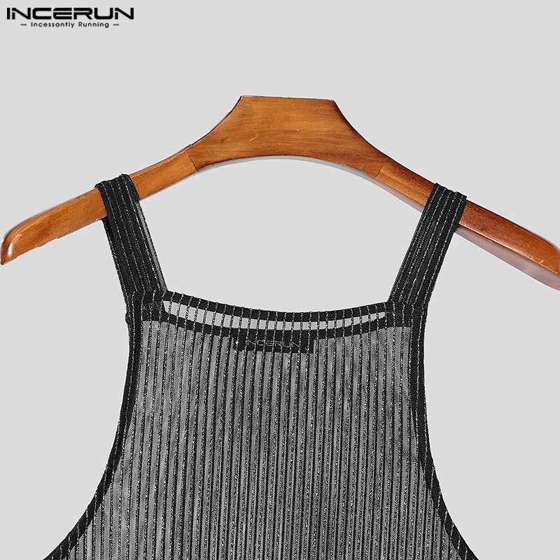 INCERUN Tops 2025 American Style Fashion Men Sparkling Fabric Stripe Perspective Mesh Vests Casual Clubwear Male Thin Tank Tops image 5
