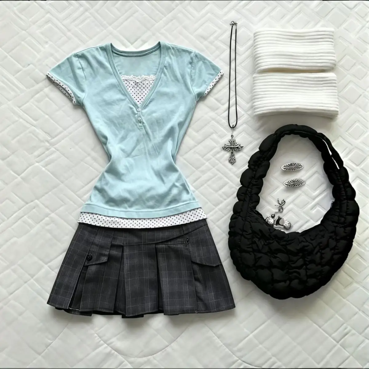 Coquette Y2K Blouse Women Mint Green Polka Dot Lace Trim Slim Fit Crop Top High Waist Pleated Skirt Casual Streetwear Outfits
