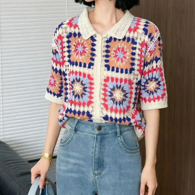 

Granny Square Crochet Polo Shirt Button Front Short Sleeve Polo-Neck Open-Knit Jacket Summer Tops Women Boho Festival Outfit