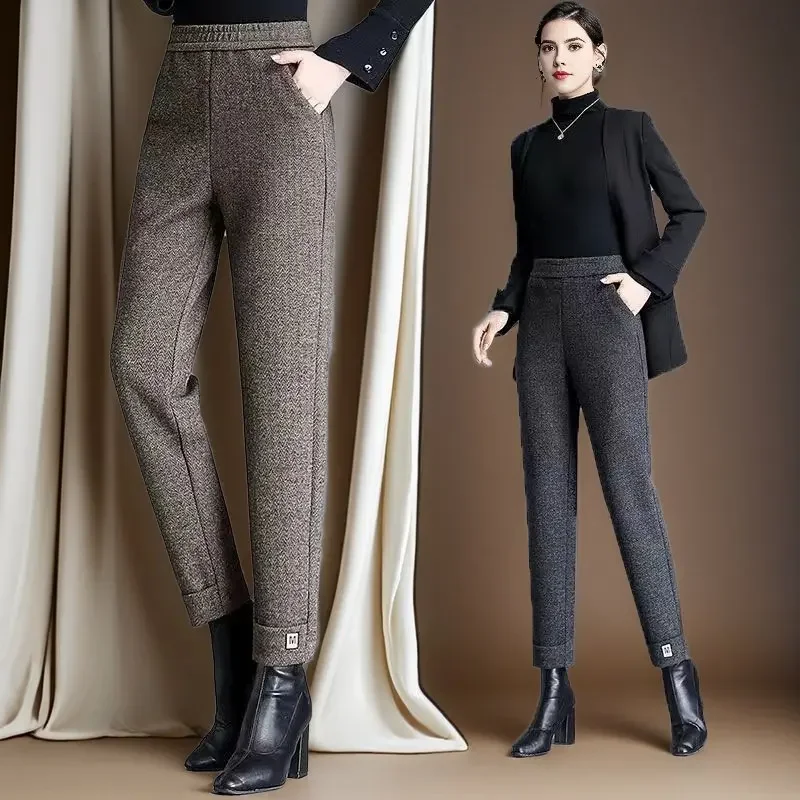 Calça elástica de lã harém feminina, calça lápis de cintura alta, terno novo estilo coreano, outono e inverno, 2024