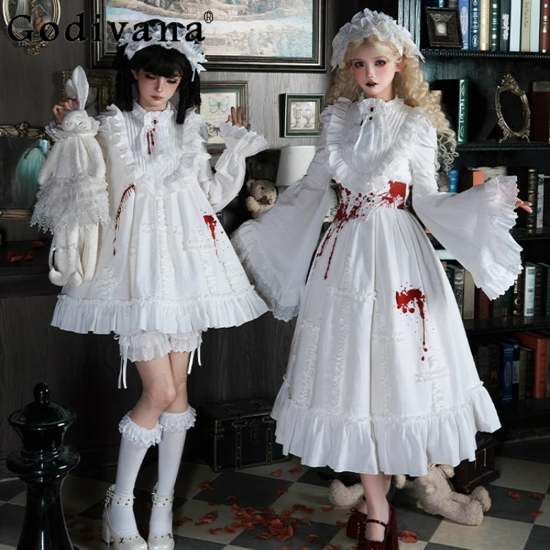 

Halloween Cos White Gothic Dress Set 2025 New French Court Style Retro Elegant Long Sleeve Dress OP Princess Lolita Long Dress