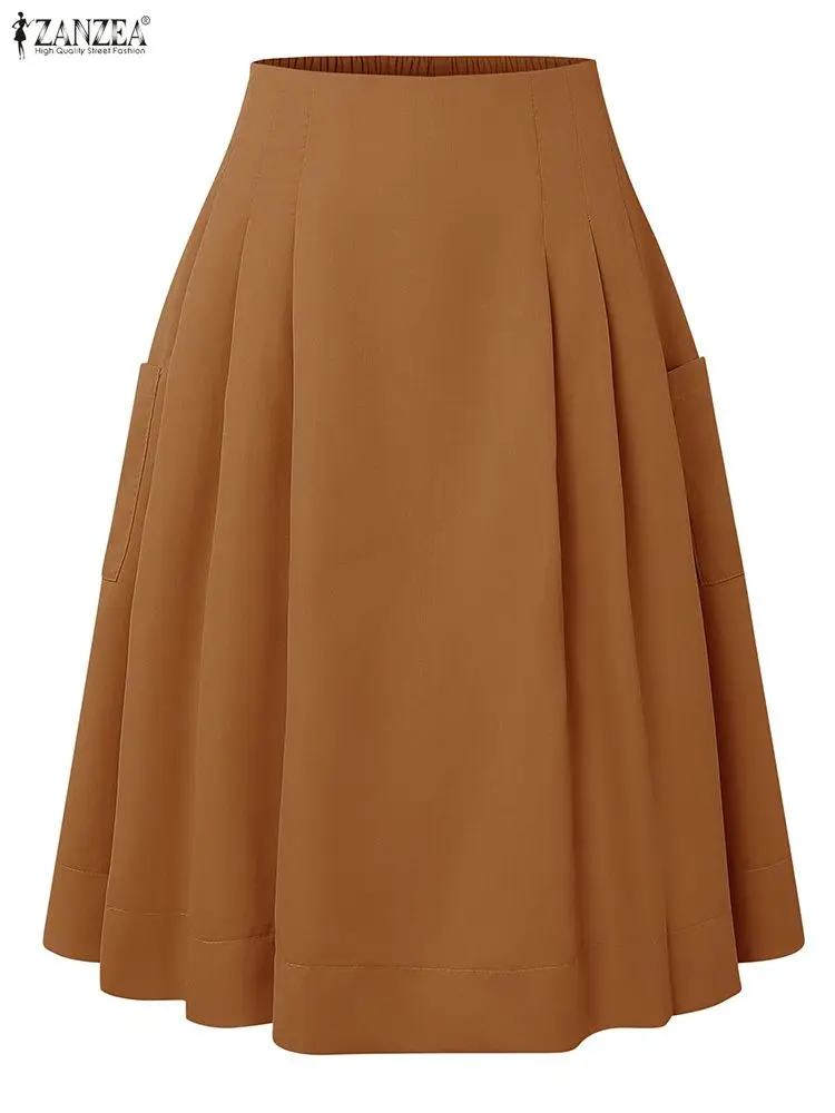Elegant Women OL Work Skirts ZANZEA Summer High Waist A-line Knee-length Skirt Fashion Party Faldas Saia Solid Pleated Jupe 2025