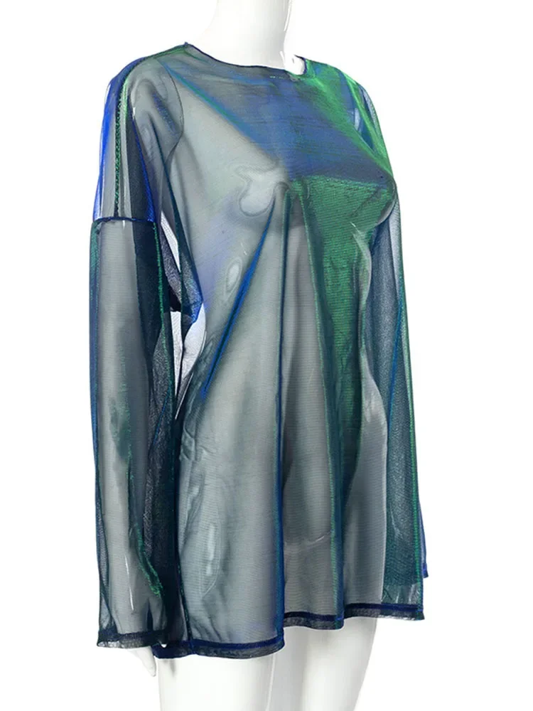 Solidna Prześwitująca Koszulka Damska Sexy Bluzki Dekolt O-Neck Długi Rękaw T-Shirt Damska Odzież Klubowa Y2k Estetyka Egirl Tees