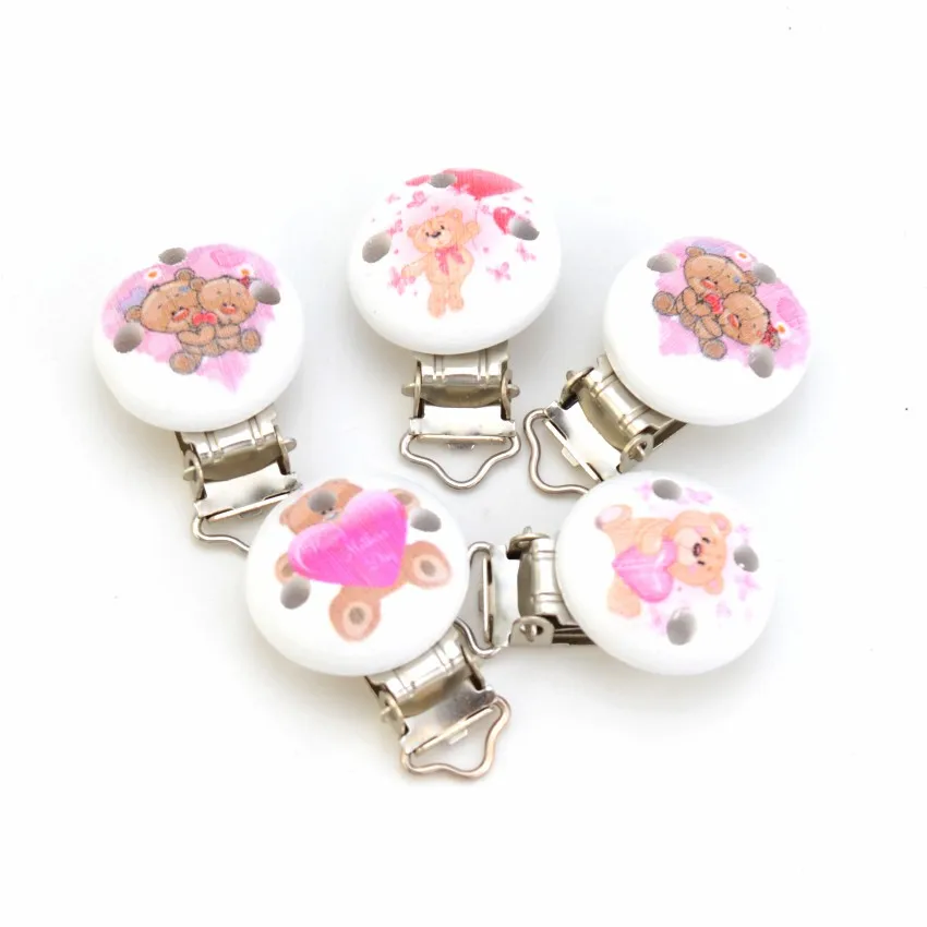 5PCs Girls Pink Color Baby Pacifier Clips Wood Metal Holders Cute Infant Soother Clasps Funny Accessories 4.8x2.9cm