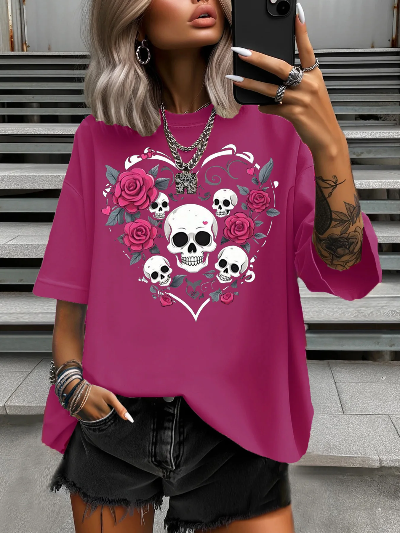 T-Shirt d'été grande taille pour femmes, Design Original, mode crâne Rose imprimé, décontracté, doux, col rond, manches courtes