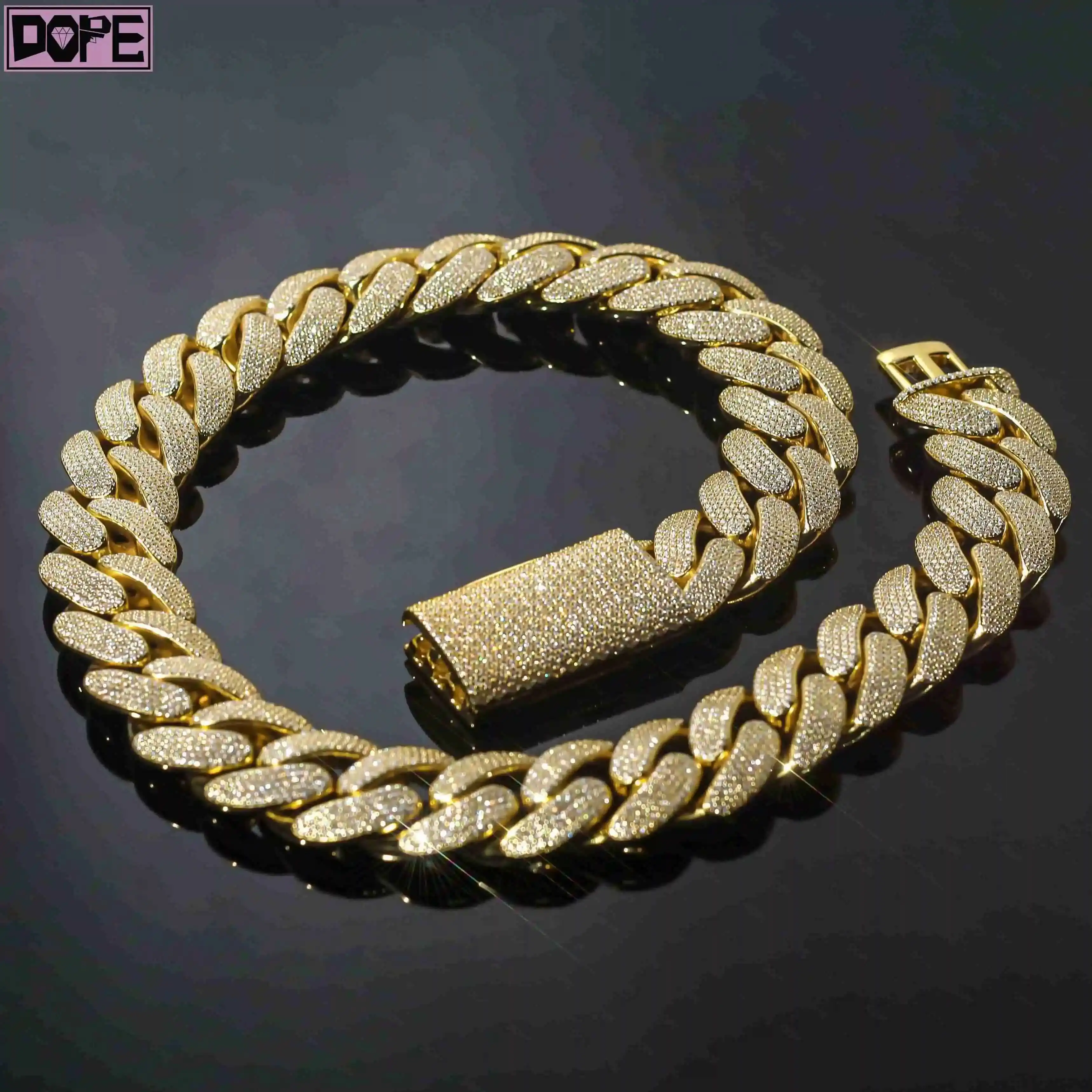 

22mm Cuban Link Chain 925 Silver Gold Plated Curb Iced Out Buss Down VVS Miami Moissanite Cuban Chain