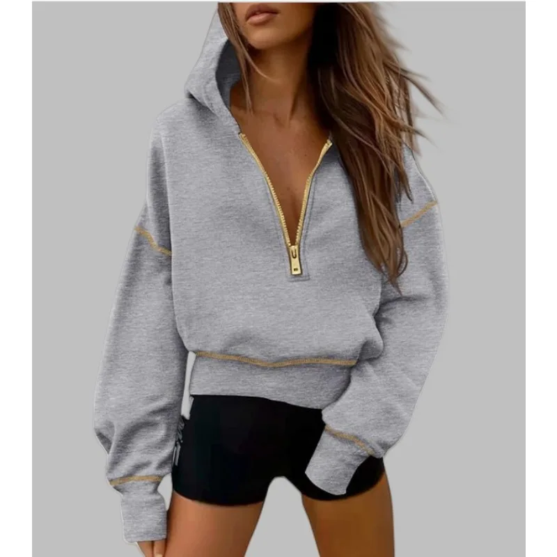 

Trendy Women's Vintage Y2K Half Zip Crop Hoodie - Ribbed Trim Long Sleeve Athletic Sweater for European American Casual Fashion