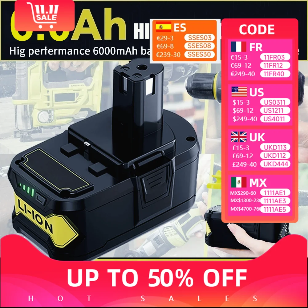 

P108 8,0 Ач для Ryobi P107 P109, электроинструменты, аккумулятор 8000 мАч + зарядное устройство для Ryobi One, 18 В, высокая емкость, 18 В, литий-ионный, совместимый с