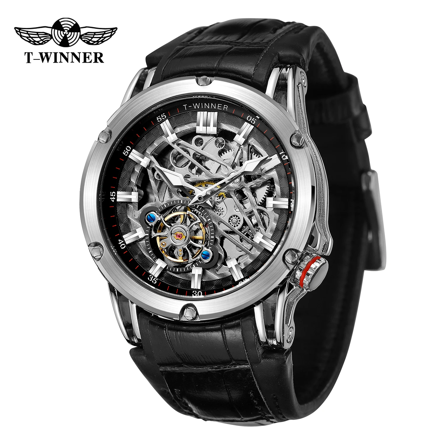 

T-WINNER Business Waterproof Mechanical Watches Top Brand Luxury Leather Watch For Men Moon Phase Automatic Wristwatch