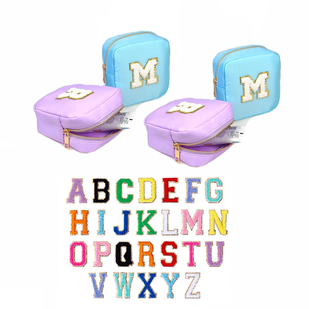 

Small Size Custom DIY Personalized Chenille Letter Patch Cosmetic Bag Mini Purse Zipper Pouch Nylon Makeup Bag Wedding Gift Bag