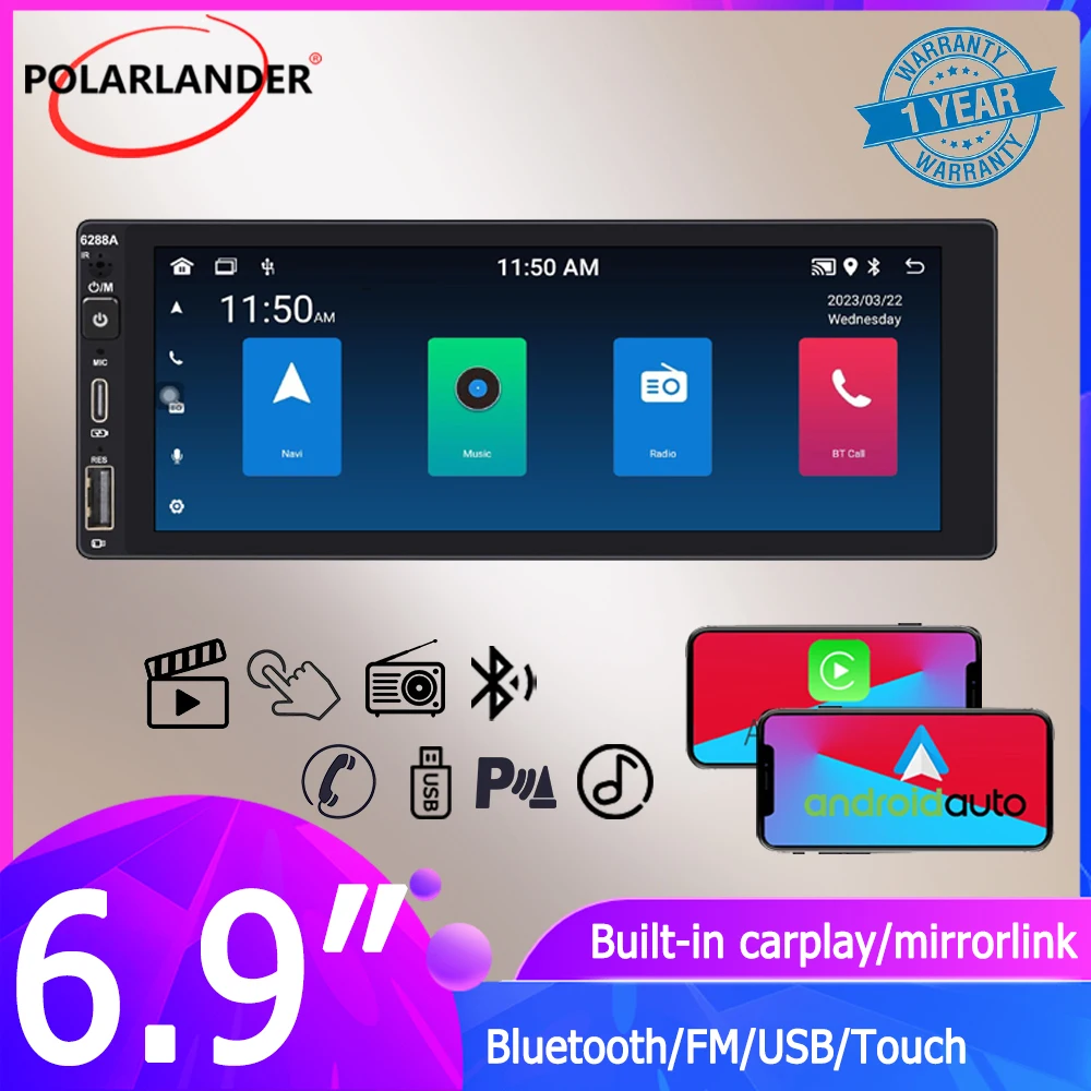 

Automotive Radio 1 DIN 6.9" Multimedia Mirror Link 2+32G WIFI IPS Screen Wireless Carplay, Android Auto AI Voice Bluetooth GPS