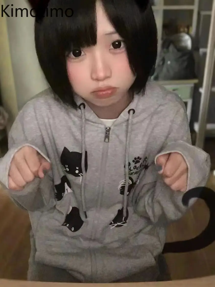

Kimotimo, толстовка с капюшоном и принтом милого кота, женская осенне-зимняя свободная куртка на молнии, топы Y2k, эстетичная повседневная универсальная толстовка с капюшоном