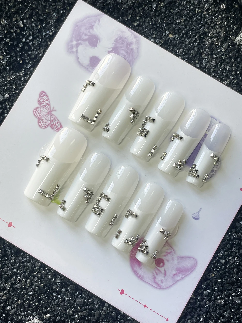 10Pcs Handmade White French Style Square Press On Nails Art Fashion Bolt Design Simplicity Y2K Fake Nails Sticker Women's Gifts