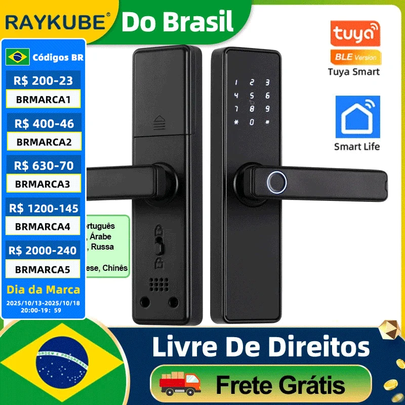 Do Brasil RAYKUBE K20 Tuya Bluetooth 9 idiomas Fechadura de porta com impressão digital Fechadura eletrônica com aplicativo Tuya/cartão/código/desbloqueio de chave