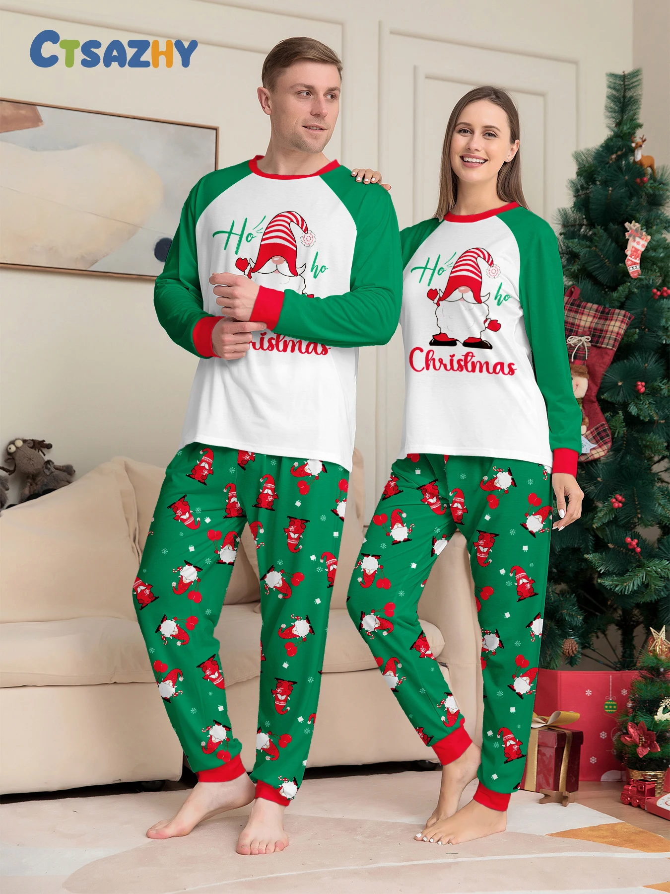 

Christmas Couple Pajamas Set - Raglan Sleeve Green & White Gnome "Ho Ho Ho Christmas" Print & Festive Pattern Pants Sleepwear