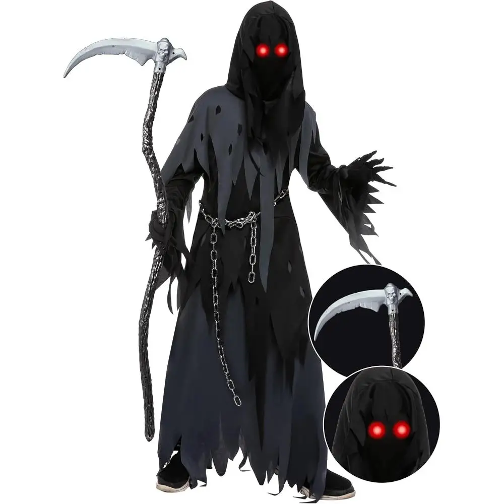 Sloosh Creations Grim Reaper-Kostüm für Kinder, Halloween-Kostüm, Jungenkostüm, gruseliges Halloween-Outfit, Dark Knight Grim Reaper-Kostüm, schwarz.